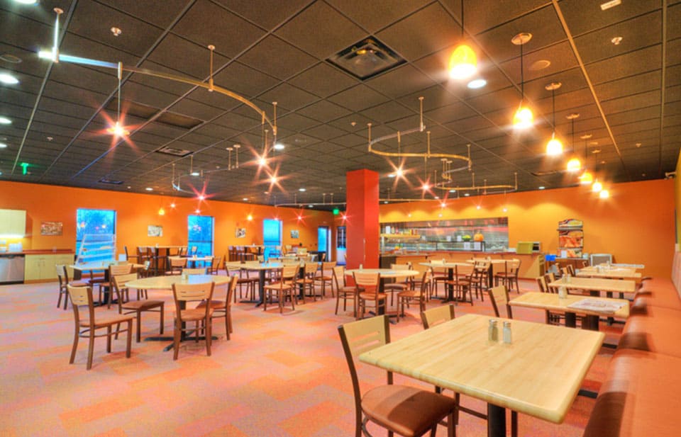 Modern corporate office with a bright color palette